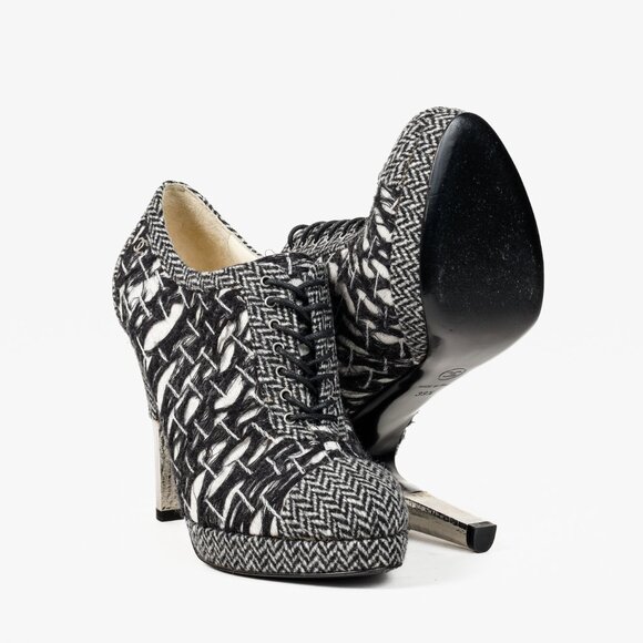 Chanel G27462 Wool Tweed Lace Up Silver Heel Booties - Picture 4 of 13